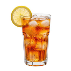 Tall glass of iced tea with lemon slice and ice cubes on background beverage drink