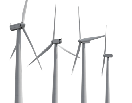 Wind Turbines Set of Four, Sustainable Energy Isolated on Clear Background