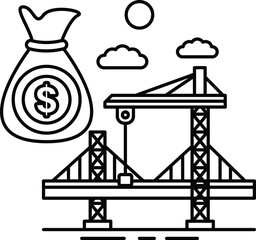 A black and white drawing of a bridge with a large $20 bill on top of it