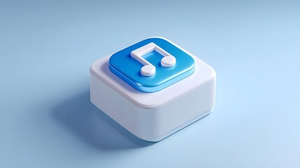 A minimalist, white and blue square-shaped button or control device, likely for adjusting volume or other multimedia settings, displayed on a plain background.