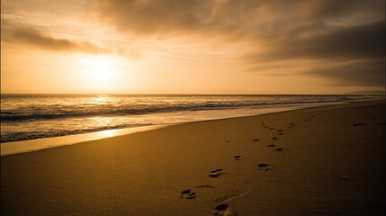 footprints. A serene beach sunset with footprints in the sand, evoking tranquility and golden warmth. inspiring travel planning, travel magazines, designed for travel destination branding.