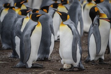 King penguins (Aptenodytes patagonicus), hen on just laid egg, Volunteer Point, Falkland Islands, Great Britain, South Atlantic