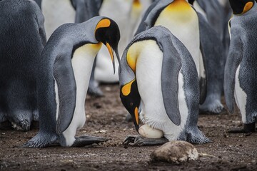 King penguins (Aptenodytes patagonicus), breeding pair with just laid egg, Volunteer Point, Falkland Islands, Great Britain, South Atlantic