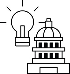 A light bulb is shown above a building that has a dome on top