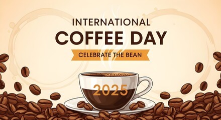 International coffee day celebration with a steaming cup and falling beans