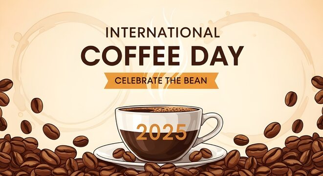 International coffee day celebration with a steaming cup and falling beans