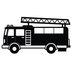 Black silhouette of a fire engine truck with ladder and lights
