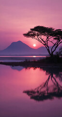 Sunrise over the African Savannah with Mountains and Acacia Tree