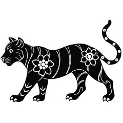Stylized black tiger with floral patterns on a white background