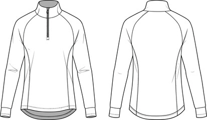 Long sleeve pullover flat sketch, quarter zip technical drawing, fashion garment illustration, raglan sleeve design, apparel construction template, drop tail hem, clothing design vector, © Shami's World
