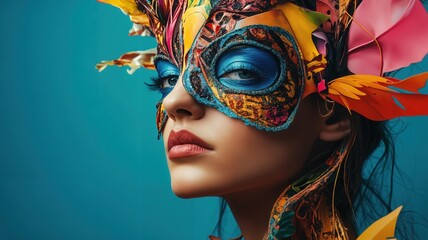 Captivating woman with an elaborate and vibrant carnival mask, featuring rich textures and feathers against a bold blue background, evoking mystery and festive elegance