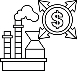 A black and white drawing of a factory with a dollar sign and a dollar bill