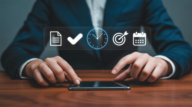 Efficient Task Management: An executive meticulously navigates a smart device, surrounded by transparent digital icons signifying critical tasks: a document, a checkmark, a clock, a target. - Powered by Adobe