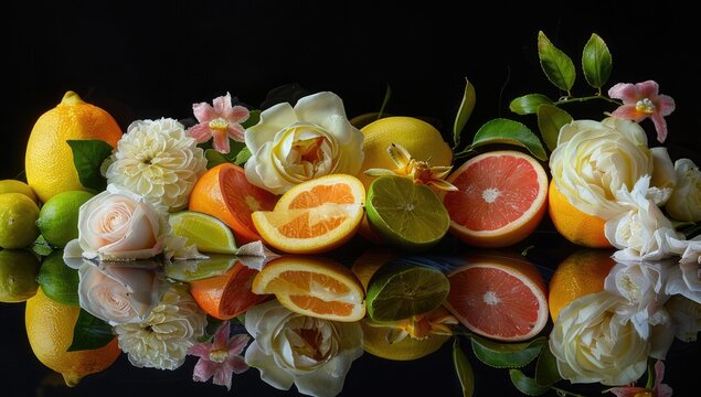 A vibrant still life showcasing a colorful arrangement of citrus fruits?lemons, limes, grapefruits, and oranges? artfully interspersed with delicate white and pink roses and - Powered by Adobe