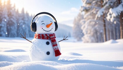 Cheerful snowman wearing headphones and scarf in snowy forest, symbolizing winter joy, holiday spirit, music, relaxation, and playful seasonal celebration
