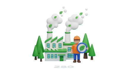 3D Cartoon Factory with Eco-Friendly Worker and Greenery