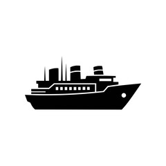 Fototapeta premium Vector icon of a passenger ship silhouette, representing a cruise liner or ferry. This clean graphic symbolizes maritime travel, ocean voyages, and water transportation