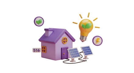 3D Cartoon House with Solar Panels and Lightbulb
