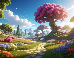 Colorful, vibrant landscape with a stone path