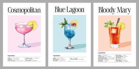 Set of three cocktail posters with recipes Cosmopolitan Blue Lagoon Bloody Mary watercolor drinks wall art