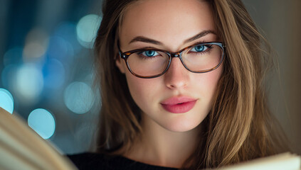 Close-Up of a Woman Wearing Glasses Reading with Bokeh Background