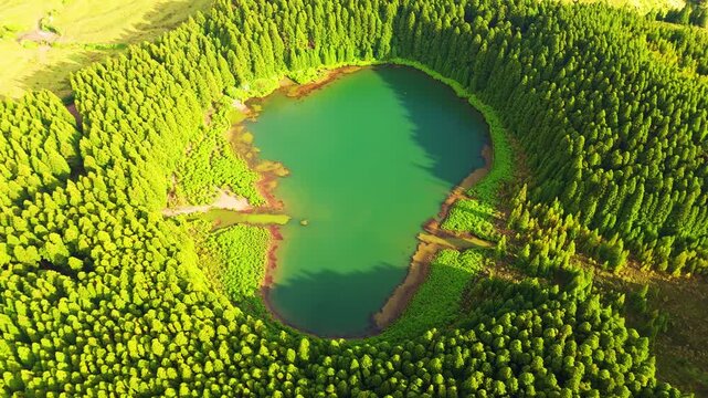 Forest and Lake Lagoa do Canario on Sunny Evening. Azores, Sao Miguel Island, Portugal. Aerial Overhead High-Angle Shot. Orbiting