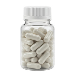 Clear plastic medicine bottle filled with white capsules isolated on transparent background