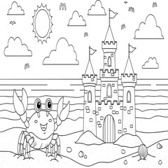 Naklejka premium Detailed outline coloring page of a sunny tropical beach, featuring a majestic palm tree, elaborate sandcastle, ocean, sun, and beach accessories, ideal for summer fun