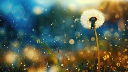 A single dandelion with a fluffy seed head stands tall amidst blades of grass and bokeh lights, showcasing a dreamy, sunlit meadow scene