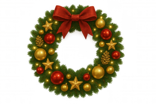 Christmas wreath with red bow, golden baubles, pinecones, stars and glowing lights on transparent background - Powered by Adobe