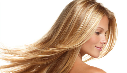 A beautiful, smiling woman with long, blonde hair is shown flying in the wind against a white background.
