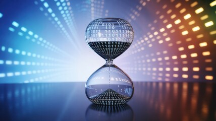 Timeless Passage: An elegant hourglass, its crystal form glistening, marks the relentless march of time against a backdrop of dynamic, abstract light and energy.