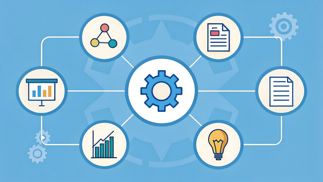 Abstract infographic illustrating a business process flow with interconnected icons representing data analysis documentation and innovation on a blue background