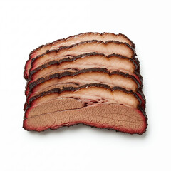 Close-up of several slices of smoked beef brisket with a dark bark and pink smoke ring, isolated on a white background.