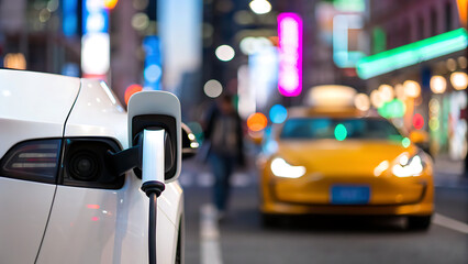 Modern electric vehicle charging at a public station in a bustling city street at night with blurred lights and taxi