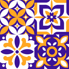 Geometric Floral Tile Pattern in Vibrant Orange White and Blue Colors.