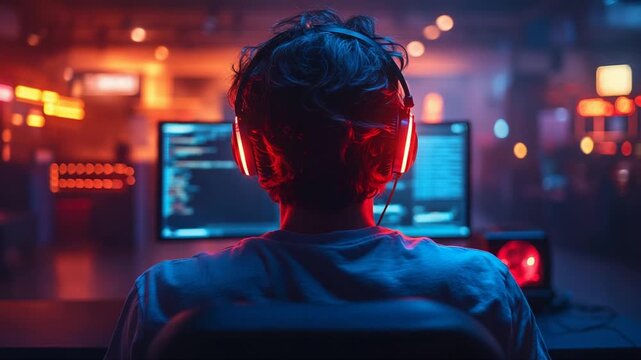 Gamer immersed in coding at a vibrant gaming venue