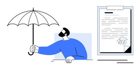 Man with umbrella shielding contract-style document, representing protection, insurance, reliability. Ideal for business, security, financial protection, contracts, trust safety simple flat