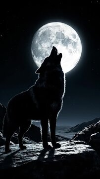 Wolf Howling at Full Moon - A black wolf silhouetted against a bright full moon howls at the night sky. The wolf stands on a rocky outcrop, a dramatic landscape visible in the background.
