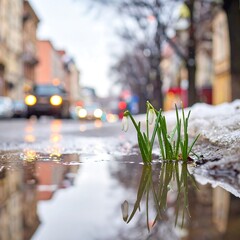 Snowdrops in a puddle on a city street