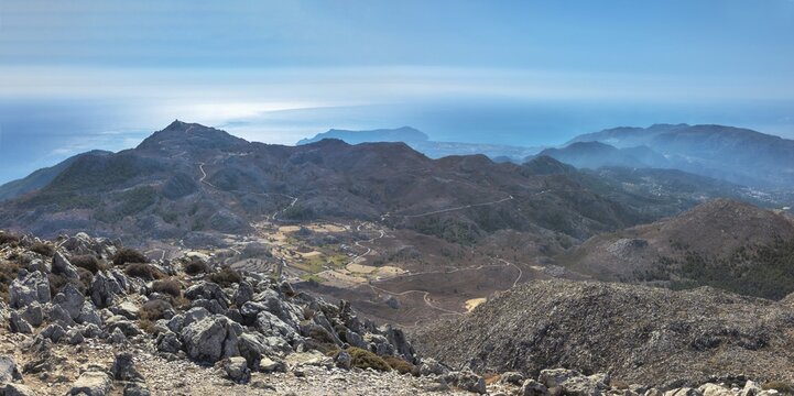 View from the summit of Kali Limno over the rocky mountain landscape of southern Karpathos with the sea under a clear blue sky, hike to the summit of Kali Limni, Kali Limni, Lastos, Karpathos, Greece