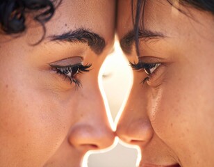 Obraz premium A striking close-up of two faces positioned very close, almost touching, with a bright, luminous vertical gap of light between their noses and foreheads.