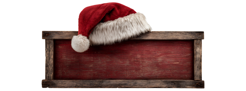  red wooden sign with a santa hat, isolated on a transparent background