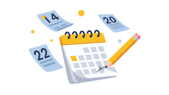 Spiral Calendar with Flying Date Pages and Pencil Representing Planning, Scheduling, Deadlines and Event Organization Vector Illustration