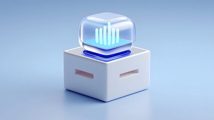 A transparent, illuminated cube with a sleek, geometric design sits on a plain white surface against a plain blue background, creating a minimalist and contemporary visual display.