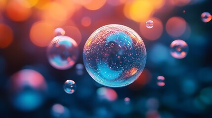 Floating Translucent Bubbles with Vibrant Blue and Orange Light Refraction and Bokeh Effect