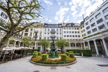 Inner courtyard with cafes, central courtyard with fountain, Zurich, Switzerland