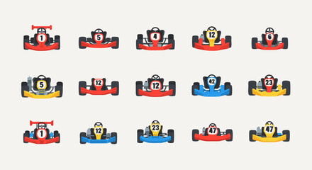 Go-kart racer avatar and selection icon set. A collection of colorful front-view vector characters for a game's player choice screen or team lineup display.