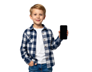 A young child wearing a plaid shirt and jeans, holding a smartphone, standing against a transparent background