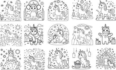 Naklejka premium Charming unicorns in diverse enchanting scenes perfect for kids coloring pages offering a whimsical and magical artistic experience isolated on white background
